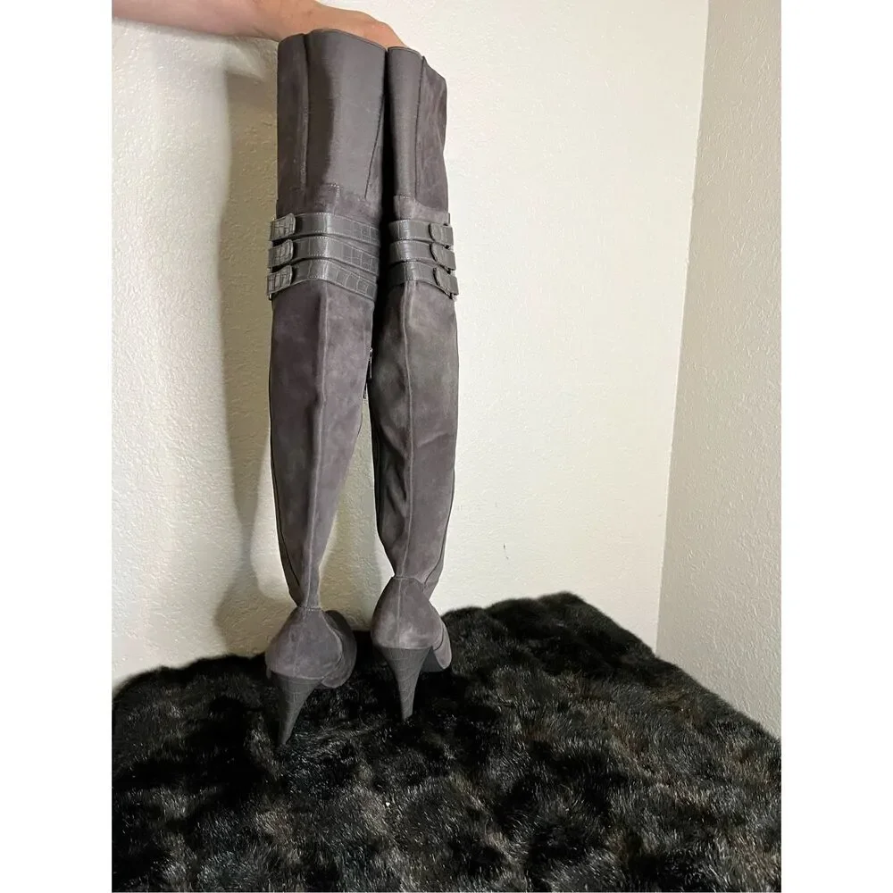 Women's Over-the-Knee Suede Heeled Boots - Gray - Picture 6 of 9